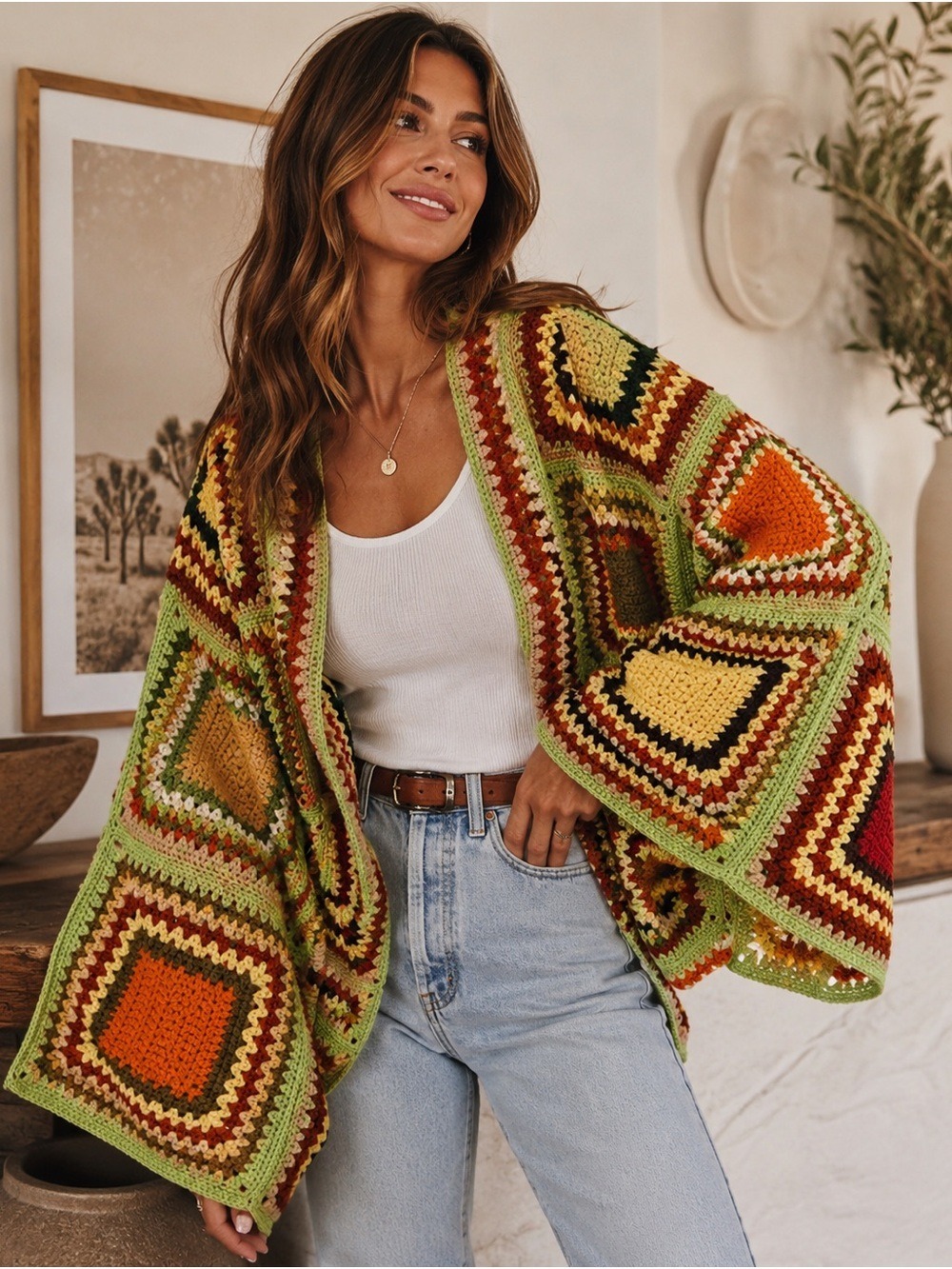 Boho Gypsy Boutique Handmade Crochet Granny Square Shrug Cardigan | Oversized